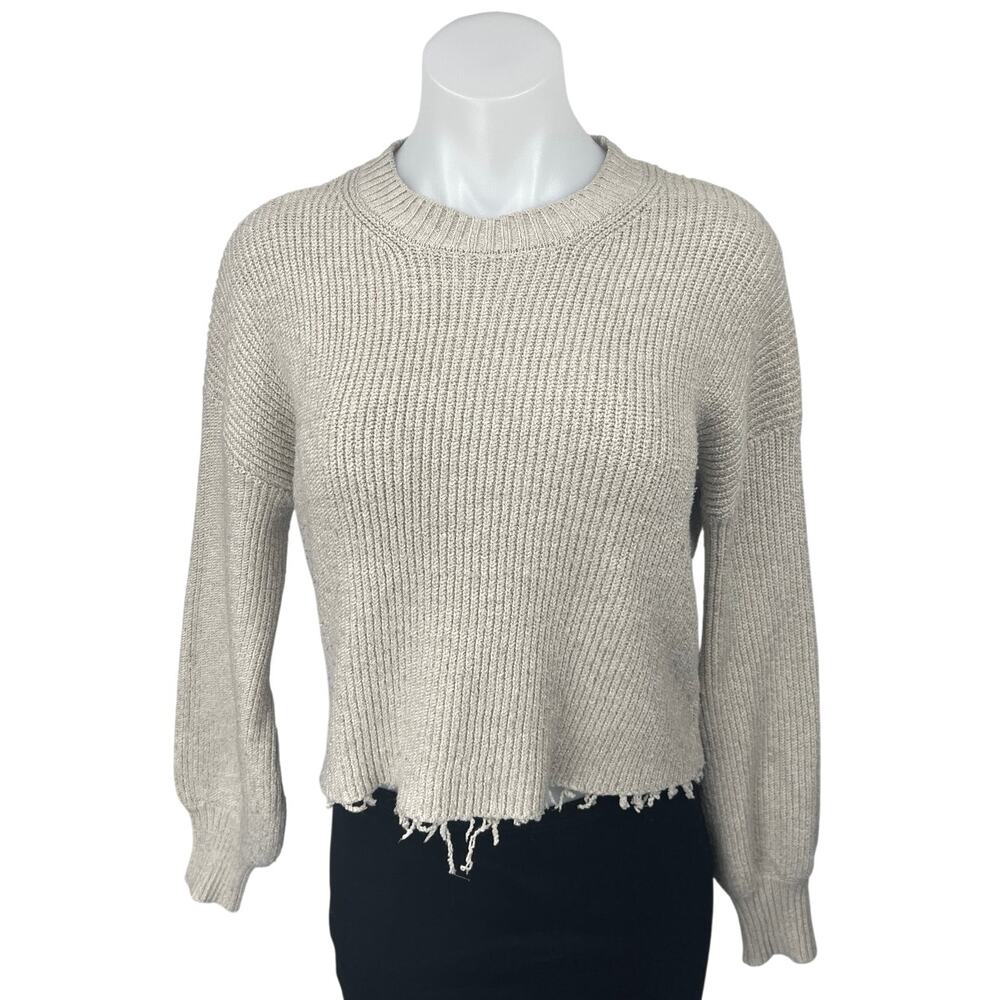 Steve Madden Women's Cream Beige Rib Knit Long Sleeve Frayed Hem Sweater Top L